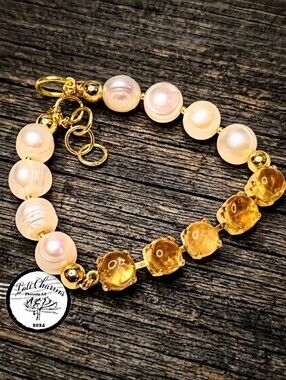 Genuine Yellow Citrine & Large Baroque Pearls In Trendy Gold Plated Bracelet